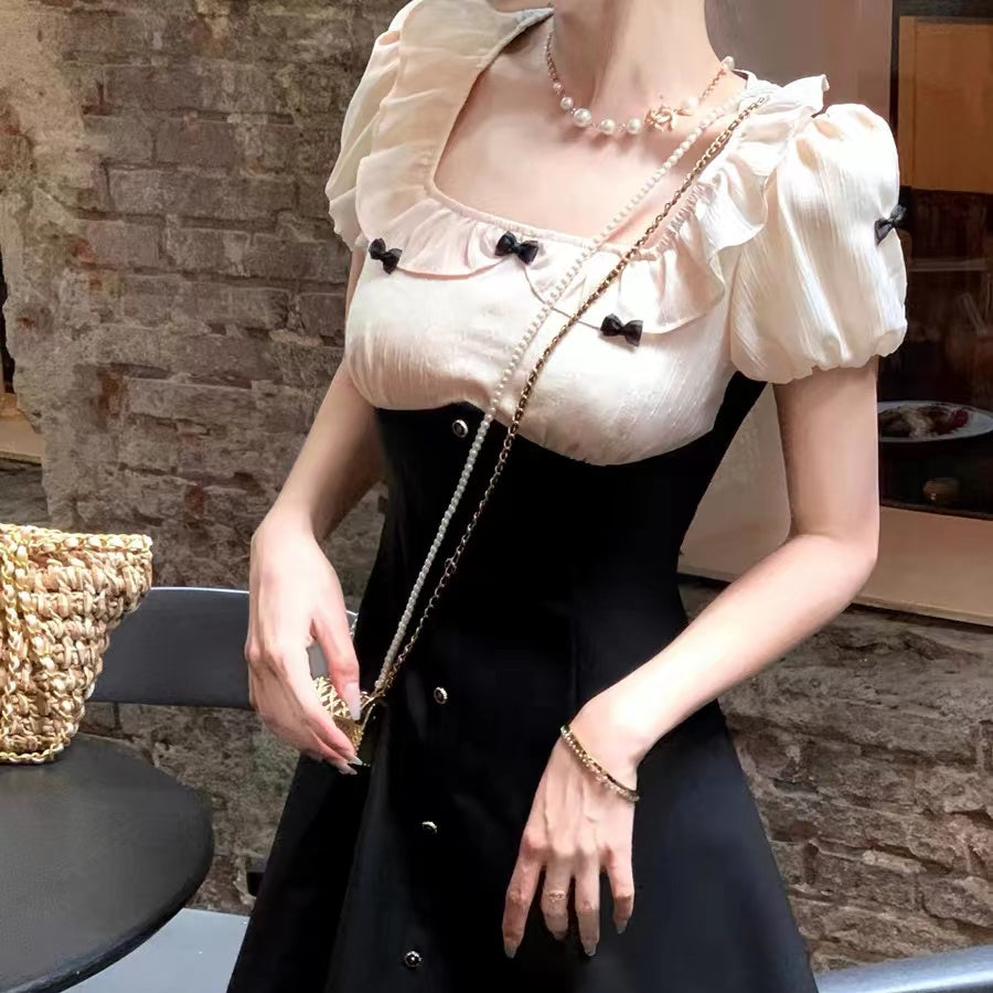 CRUSHPEACH Miss Brownie Bow Bubble Sleeve Black & White Splicing Dress-short
