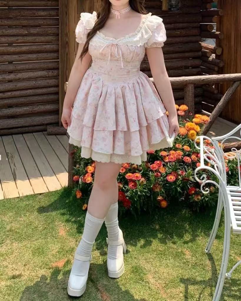 crushpeach Pink Cherry Garden Exquisite Cotton Embroidered Lace MINI Dress