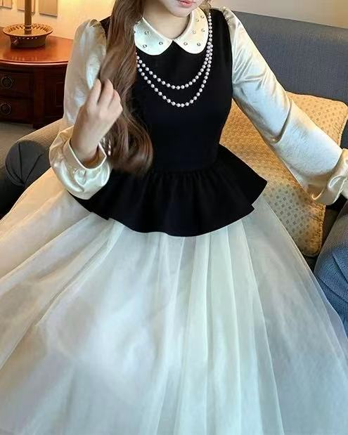 Christmas Silk-Sleeve Collar-Patch Pearl puff MAXI Dress