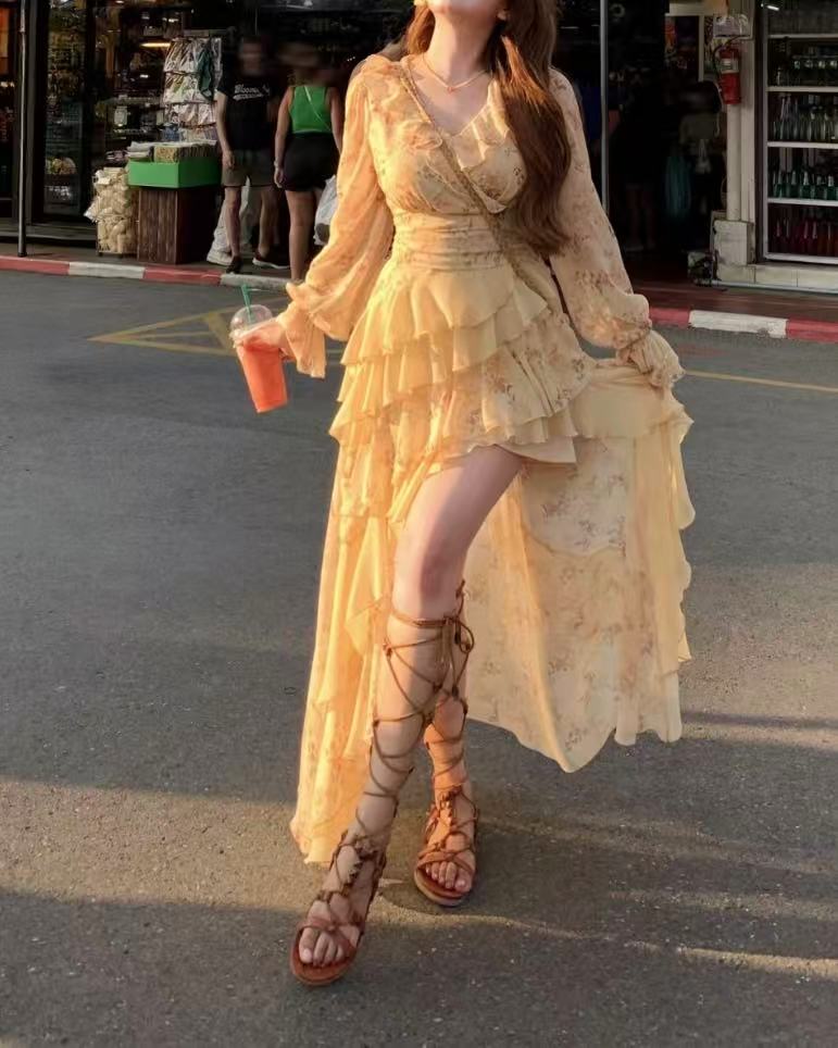 long sleeve pale yellow dress crushpeach Pale yellow floral ruffled long-sleeve dress – CrushPeach