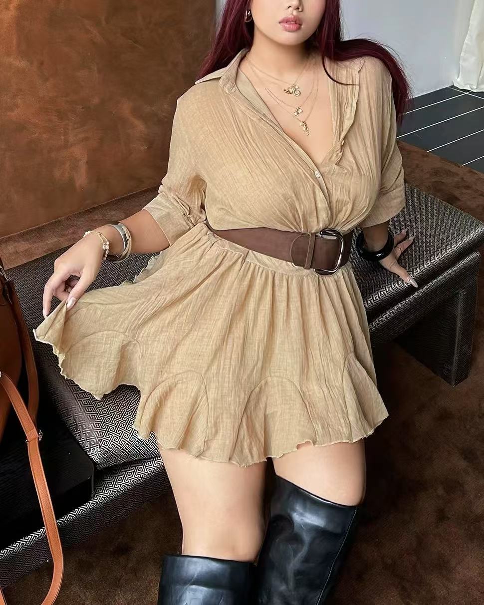 crushpeach Waltz of Falling Leaves Beige shirt mini dress with belt