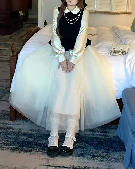 Christmas Silk-Sleeve Collar-Patch Pearl puff MAXI Dress