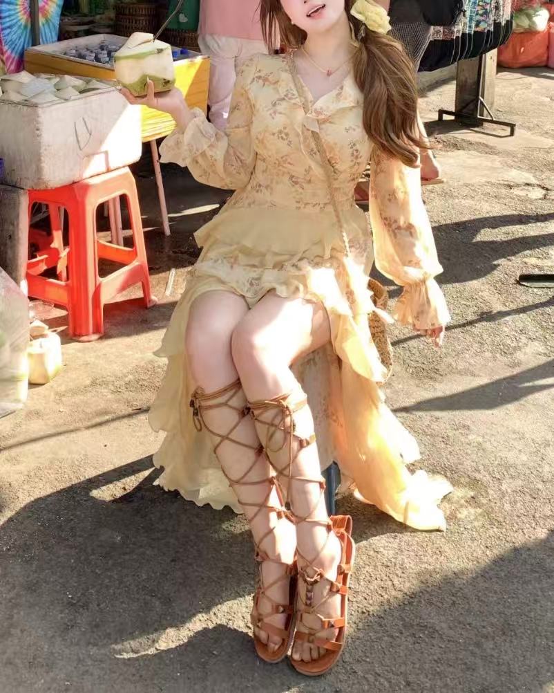 crushpeach Pale yellow floral ruffled long-sleeve dress – CrushPeach