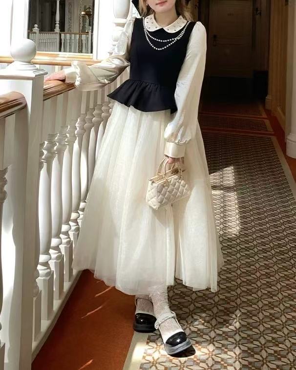 Christmas Silk-Sleeve Collar-Patch Pearl puff MAXI Dress