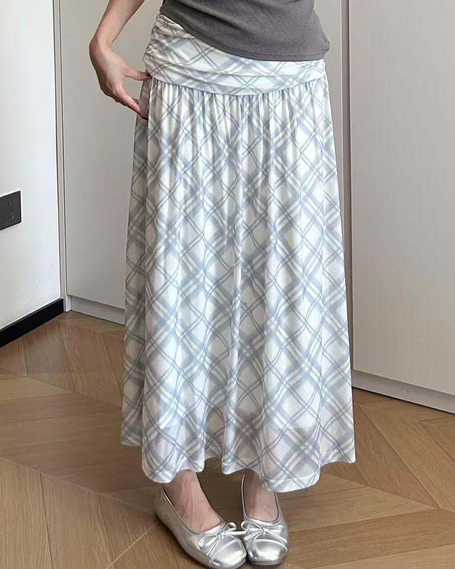 Sea Salt Cheese Blue Check Pleated Chiffon MAXI SKIRT