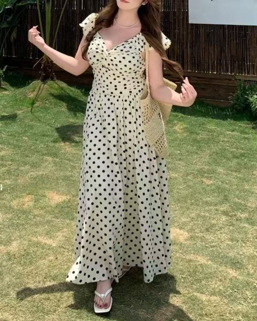 crushpeach Island Vibe Polka Dot Cutout Stretchy Vacation Umbrella Dress