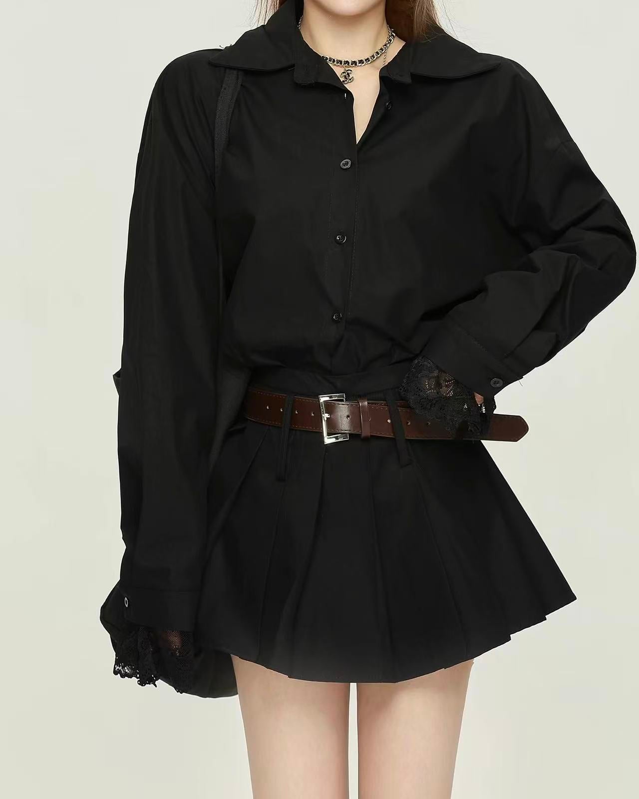 crushpeach Classic versatile shirt-style BLACK pleated mini dress-with belt