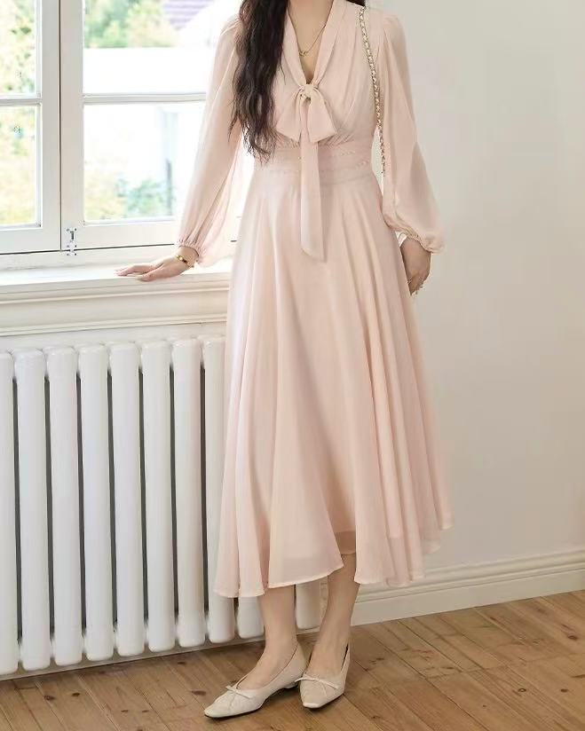 crushpeach Peach Pink Bow V-Neck A-Line Dress