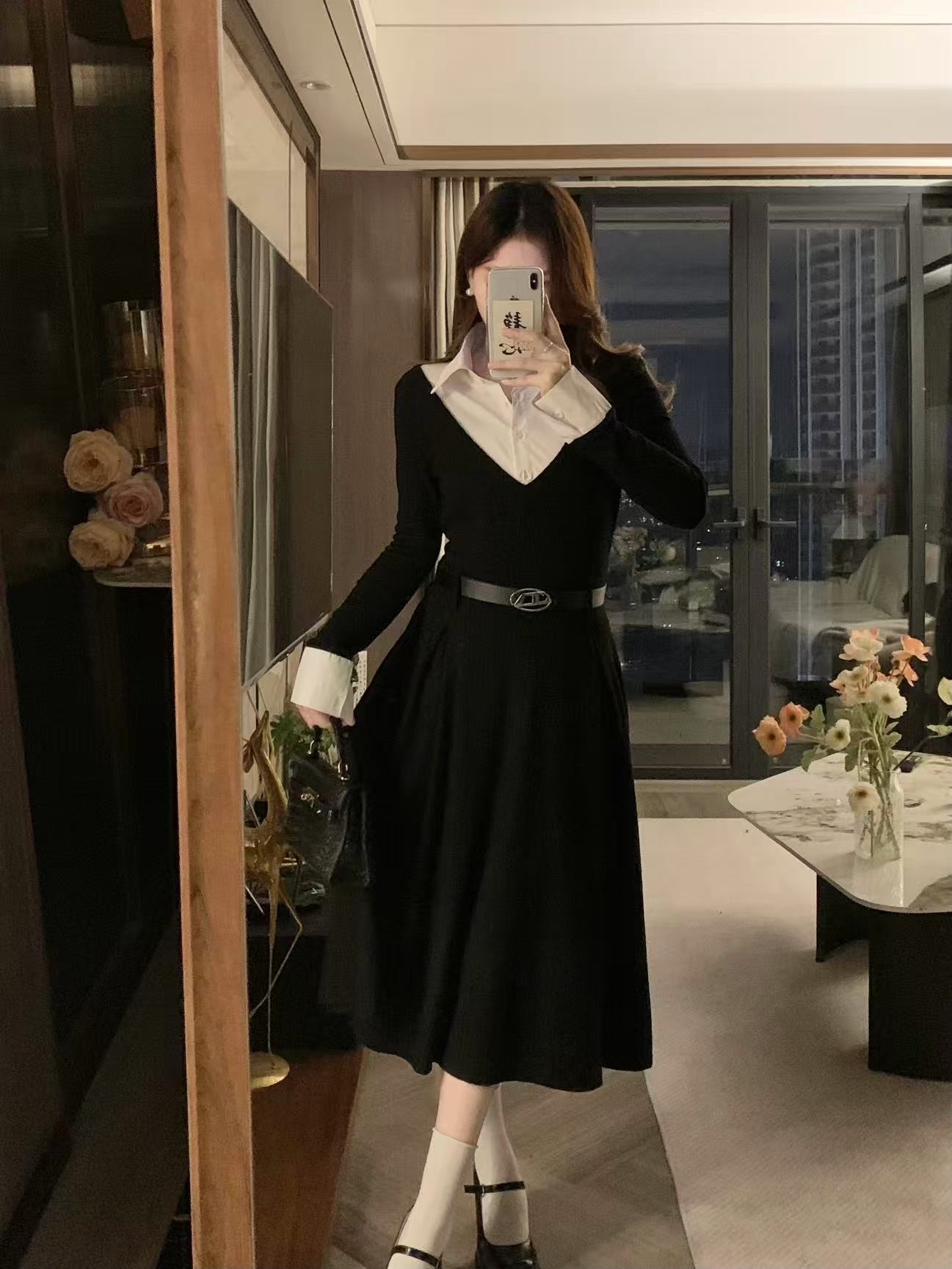 crushpeach legally blonde 2 in 1 black knitted maxi dress with belt