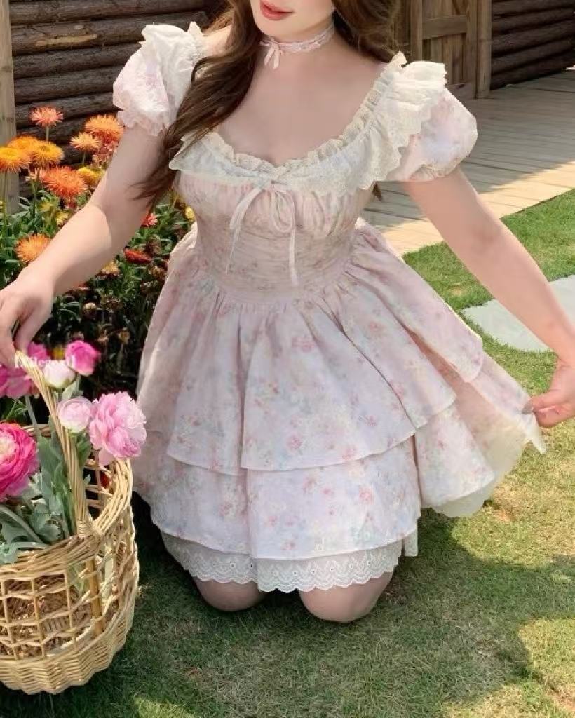 crushpeach Pink Cherry Garden Exquisite Cotton Embroidered Lace MINI Dress