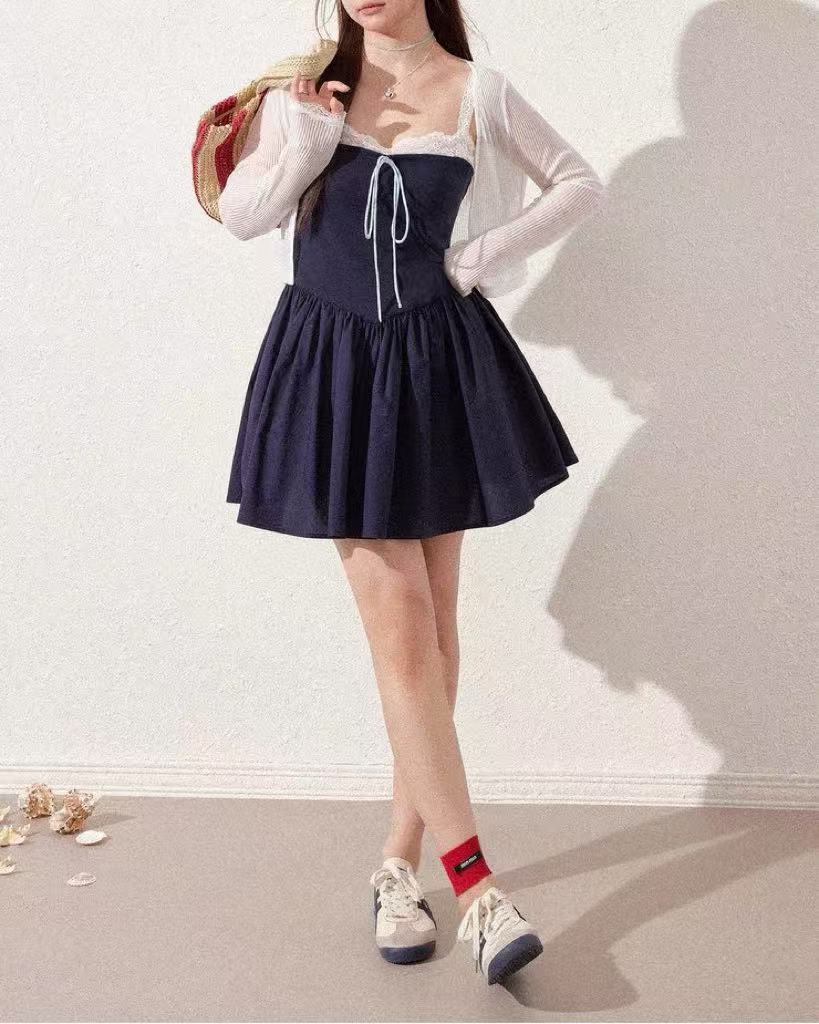 crushpeach Navy Blue Lace Patchwork Puffy  POKET MINI Dress