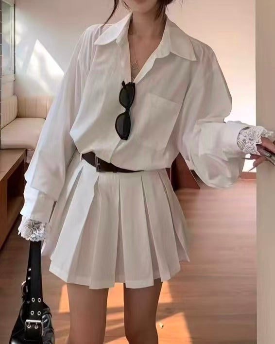 crushpeach Classic versatile WHITE shirt-style pleated mini dress-with belt