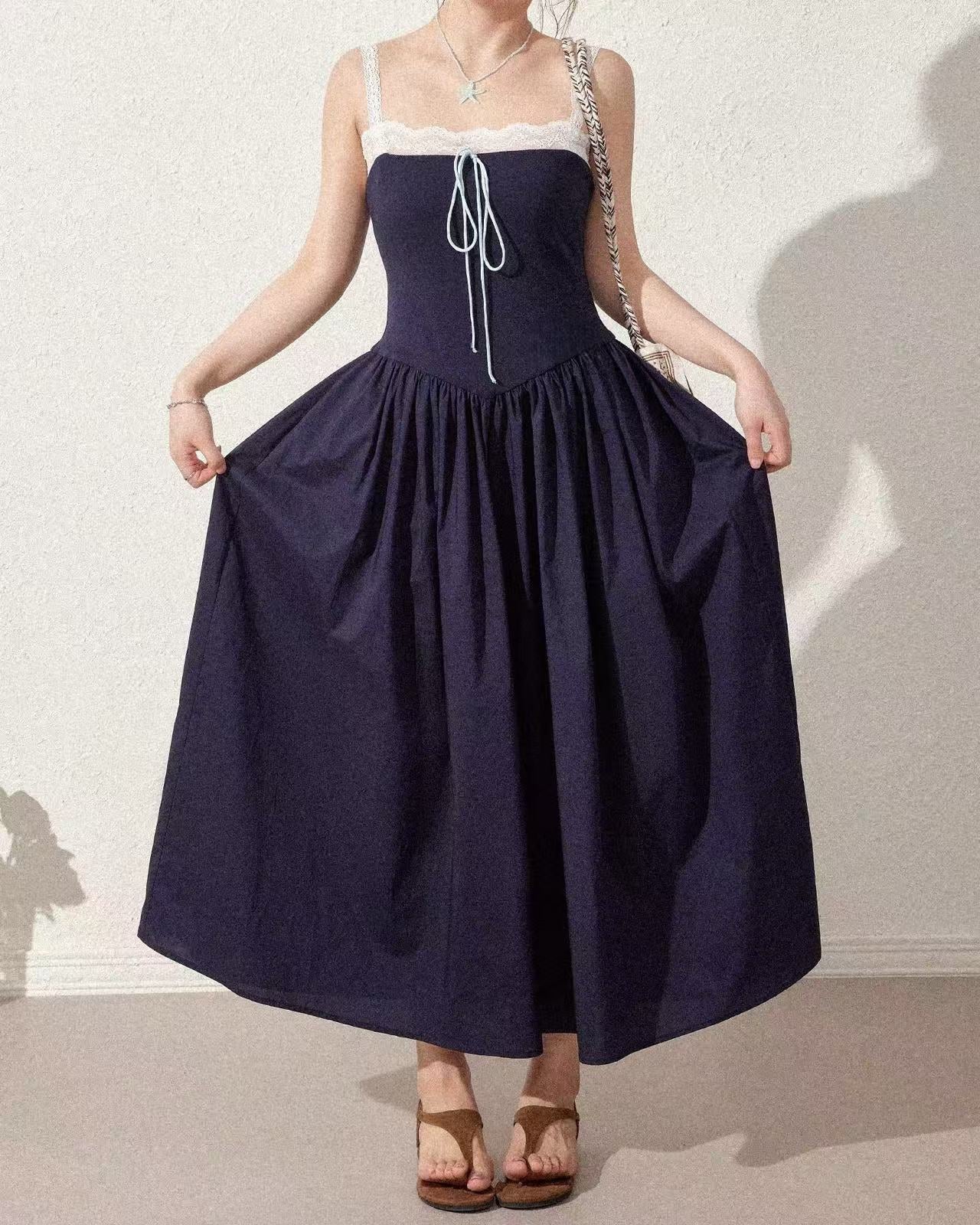 crushpeach Navy Blue Lace Patchwork Puffy  POKET MAXI Dress