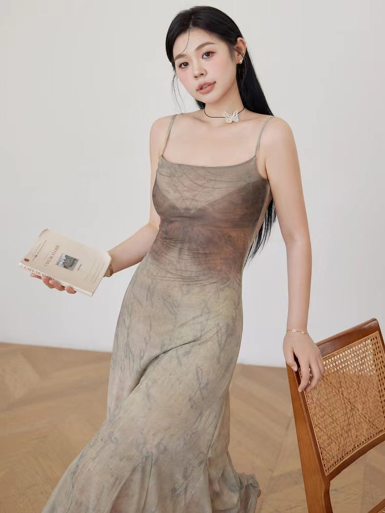 CRUSHPEACH Earthy core butterfly Brown Mesh Fishtail Halter Dress