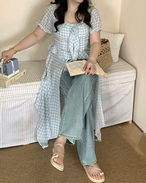Sea Salt Cheese Blue-and-White Check Romantic Ruffled Tea Top ➕ Skirt