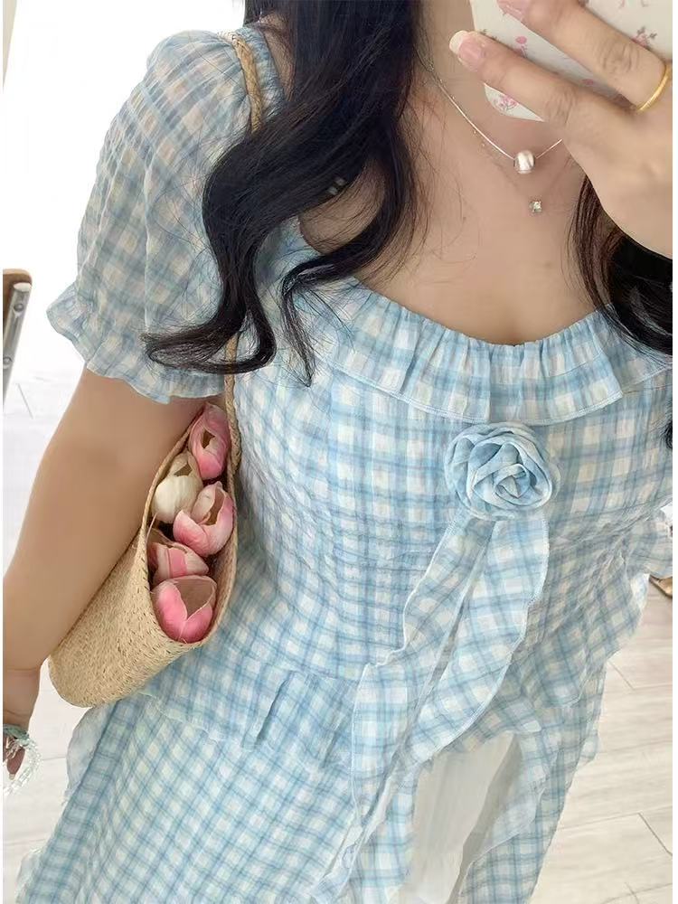 Sea Salt Cheese Blue-and-White Check Romantic Ruffled Tea Top ➕ Skirt