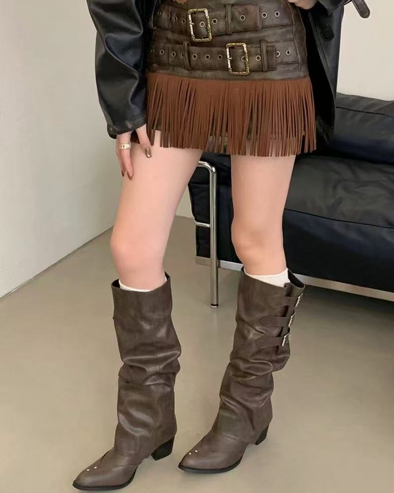 crushpeach Removable Scuffed Brown Western Stacked Boots