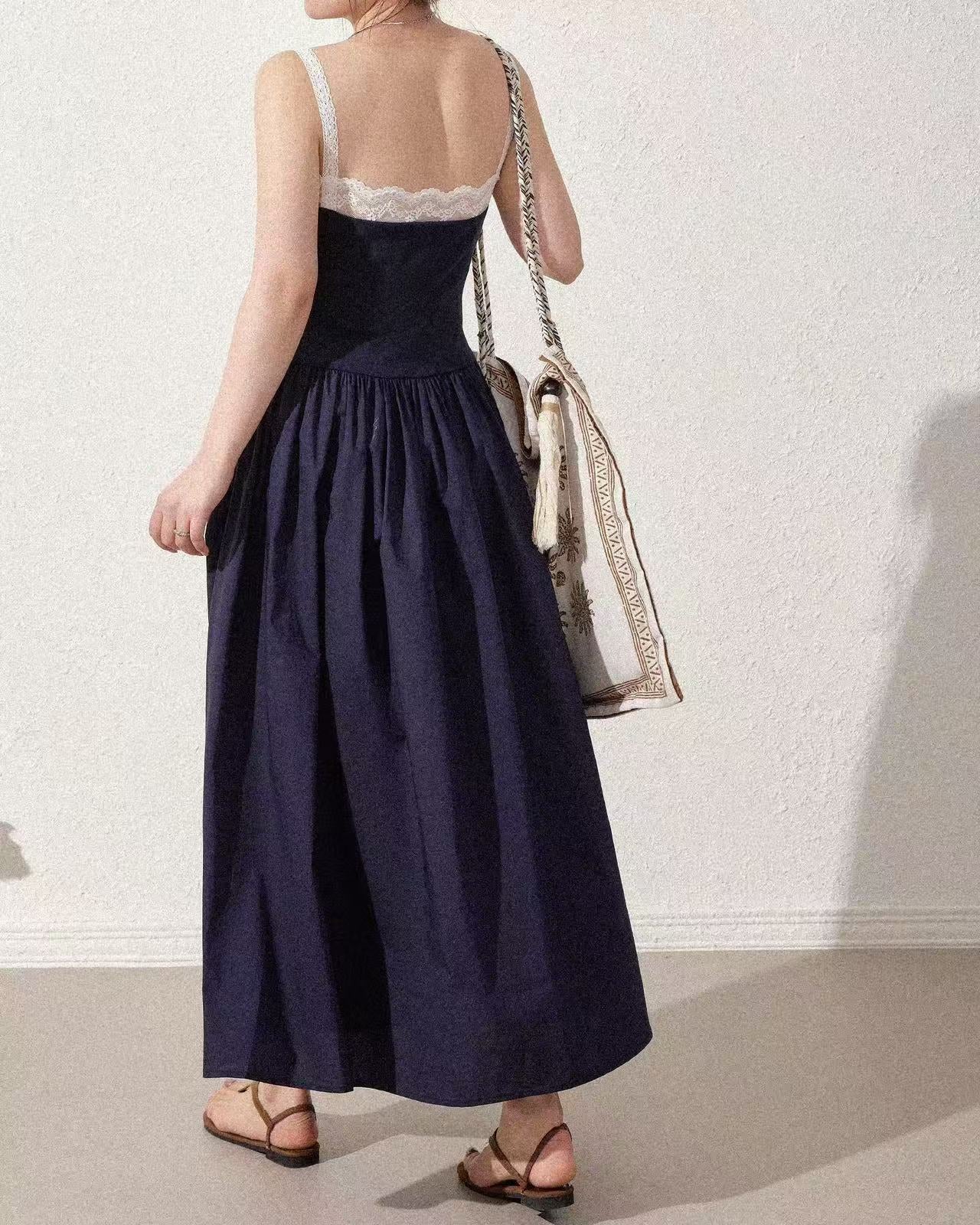crushpeach Navy Blue Lace Patchwork Puffy  POKET MAXI Dress