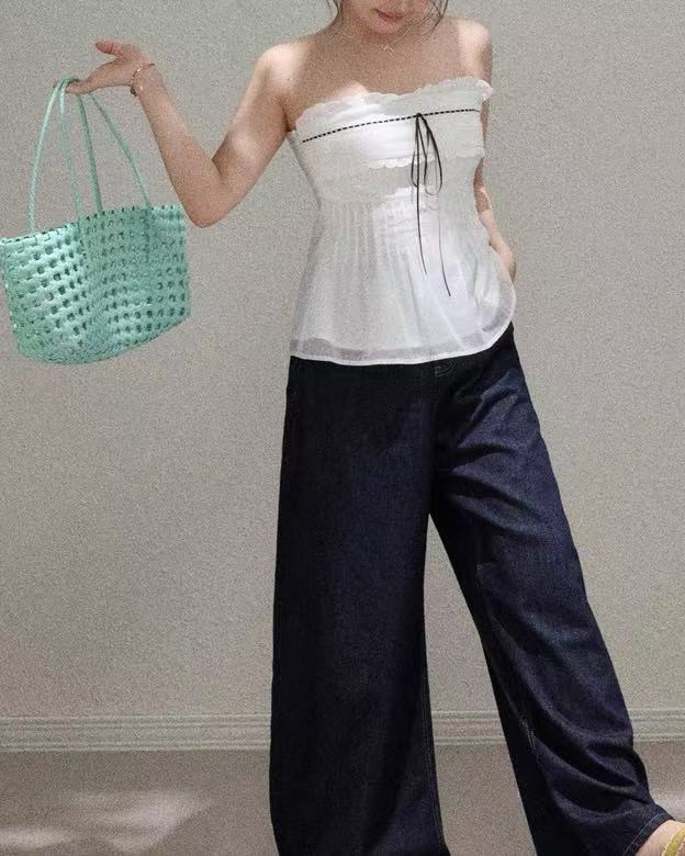 crushpeach End of Summer White Lace pure cotton Patchwork Padded Stretch tube top