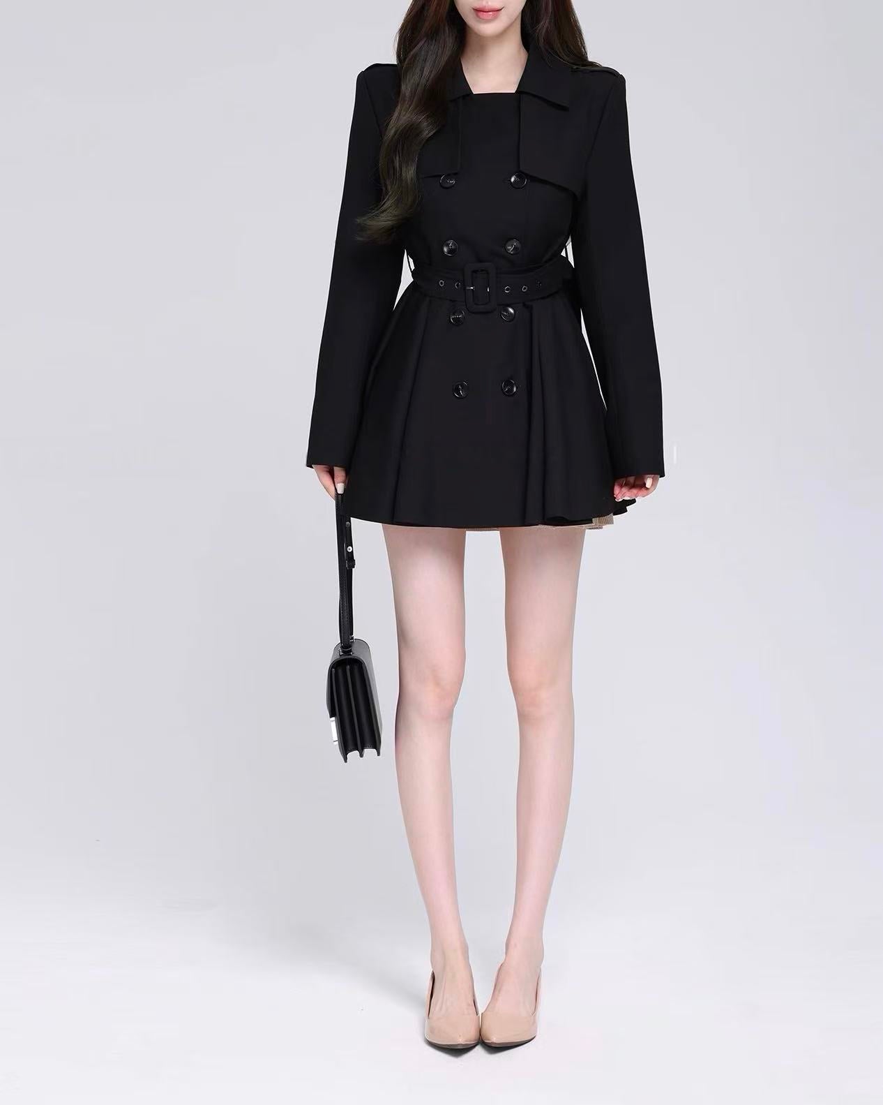High-Quality Fitted Waist Blazer-Collar Short black Trench Coat