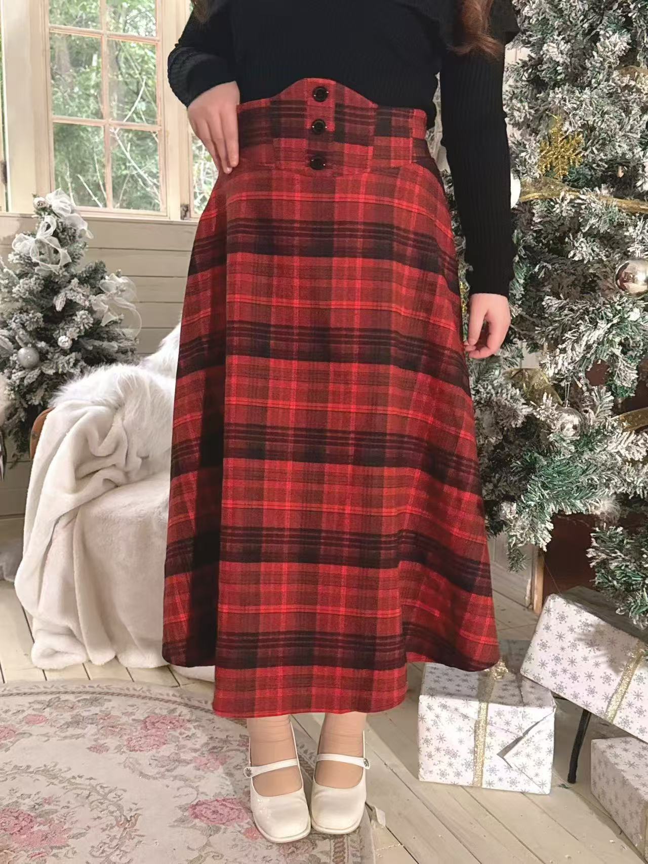 Crushpeach Twilight Red Plaid retro Corset MIDI Skirt