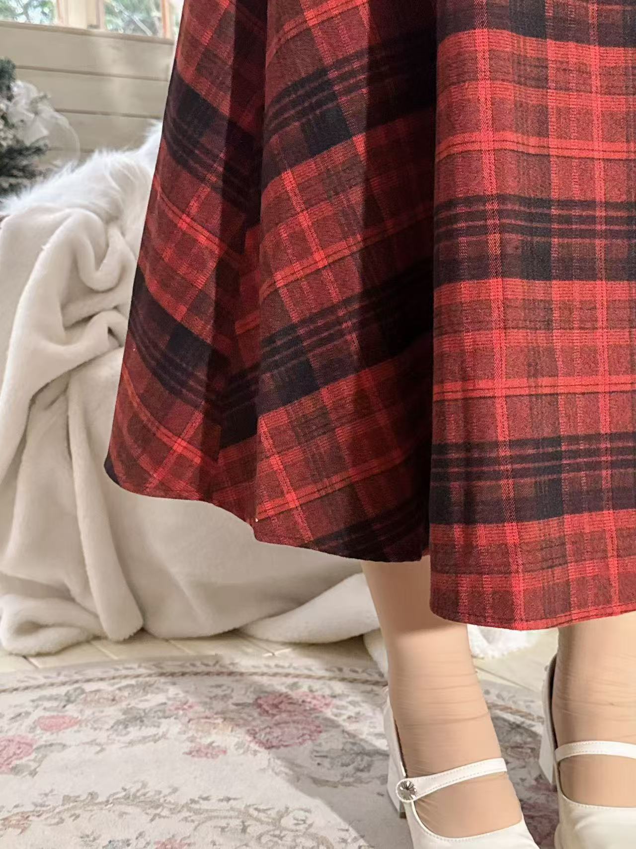 Crushpeach Twilight Red Plaid retro Corset MIDI Skirt