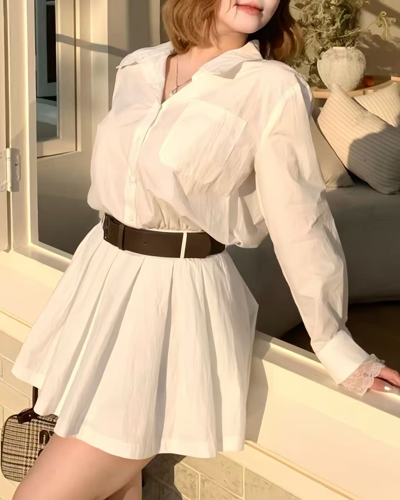 crushpeach Classic versatile WHITE shirt-style pleated mini dress-with belt