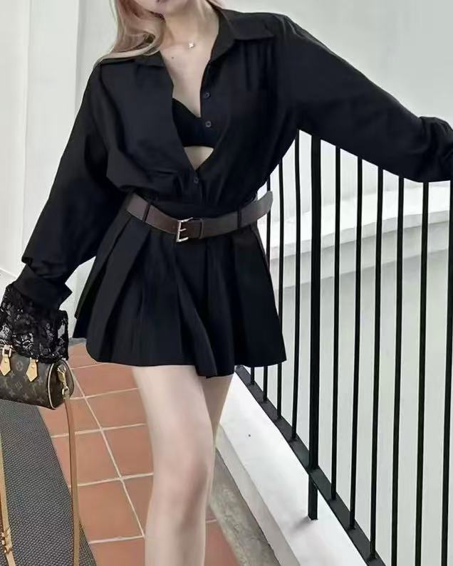 crushpeach Classic versatile shirt-style BLACK pleated mini dress-with belt
