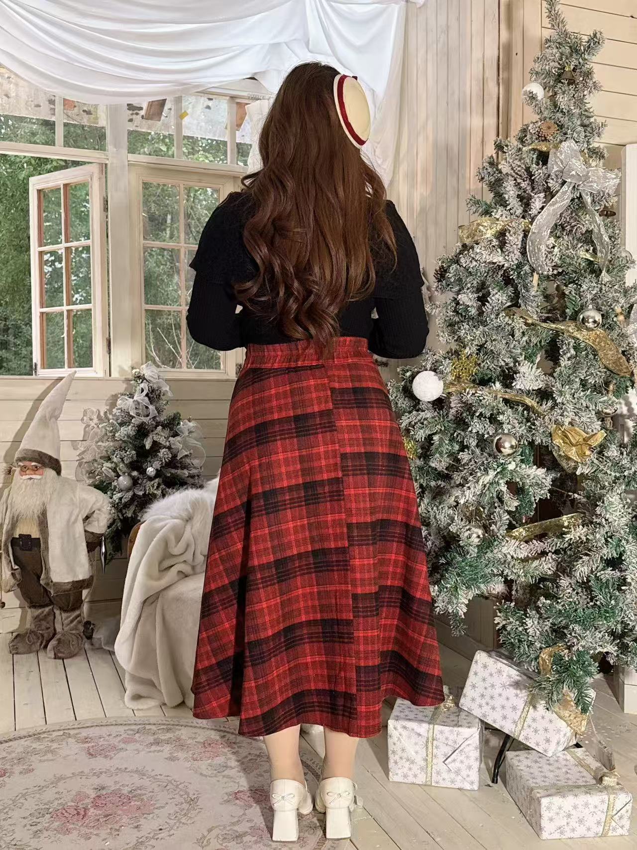 Crushpeach Twilight Red Plaid retro Corset MIDI Skirt