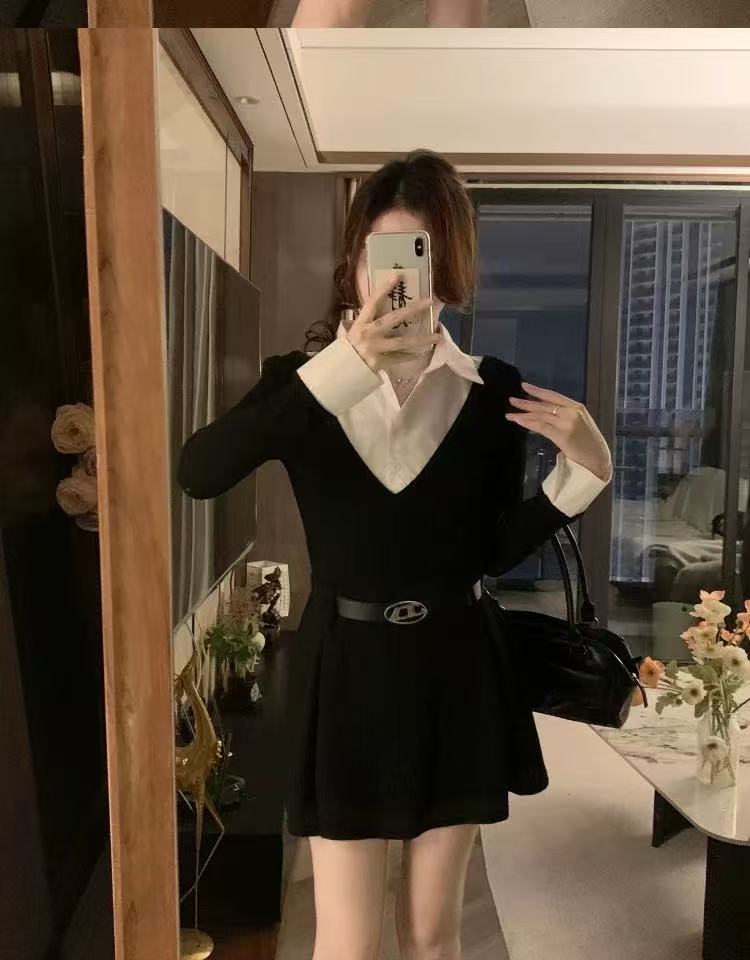 crushpeach legally blonde 2 in 1 black knitted mini dress with belt