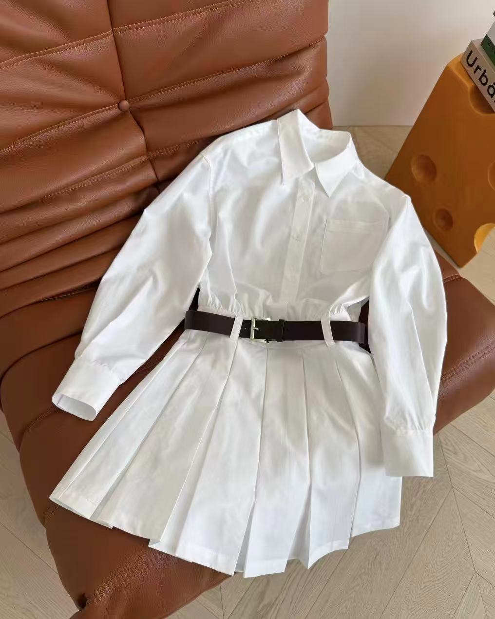 crushpeach Classic versatile WHITE shirt-style pleated mini dress-with belt