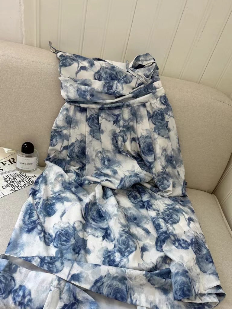 CRUSHPEACH Ink Rose Printed Chiffon Blue Flared hem Dress