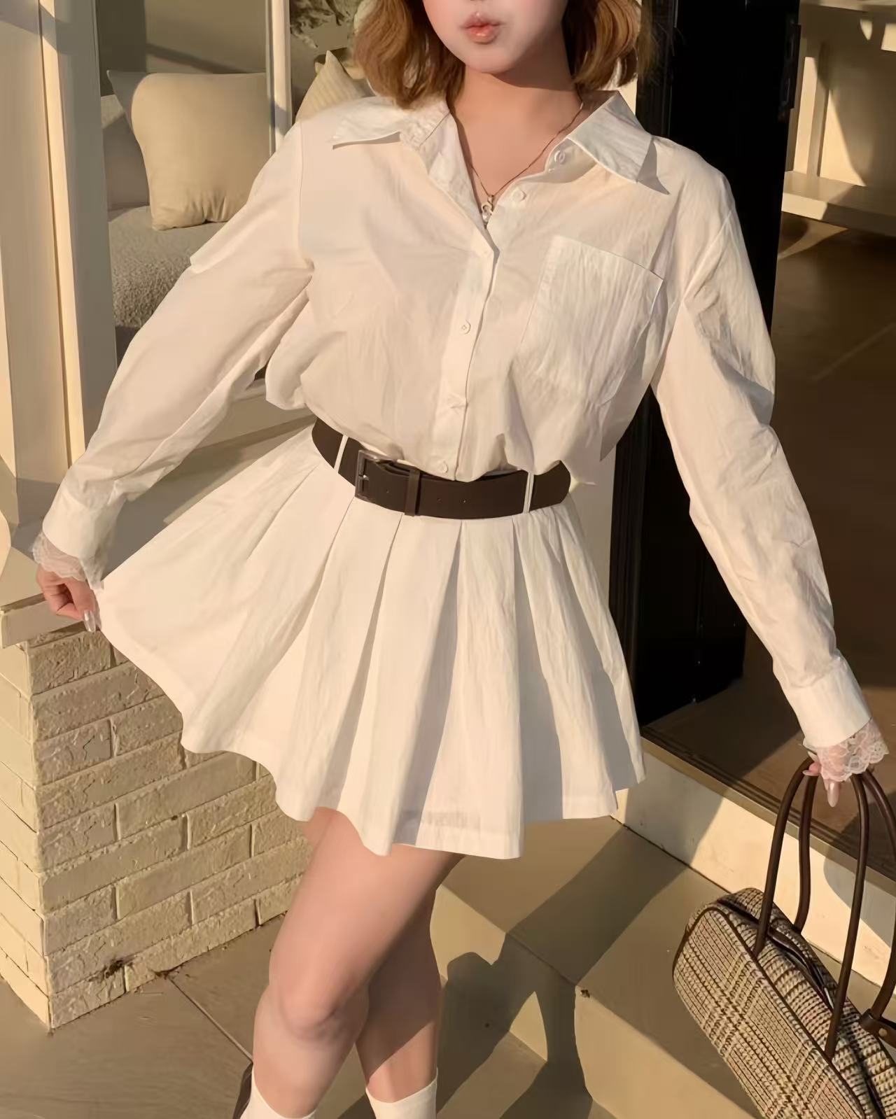 crushpeach Classic versatile WHITE shirt-style pleated mini dress-with belt