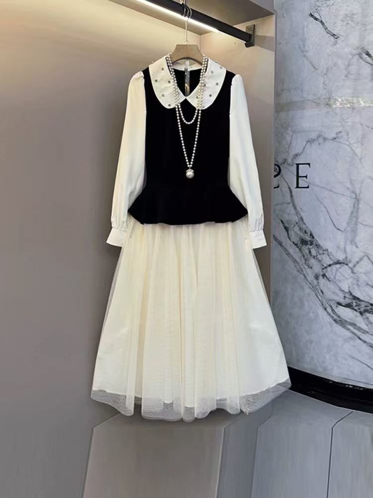 Christmas Silk-Sleeve Collar-Patch Pearl puff MAXI Dress