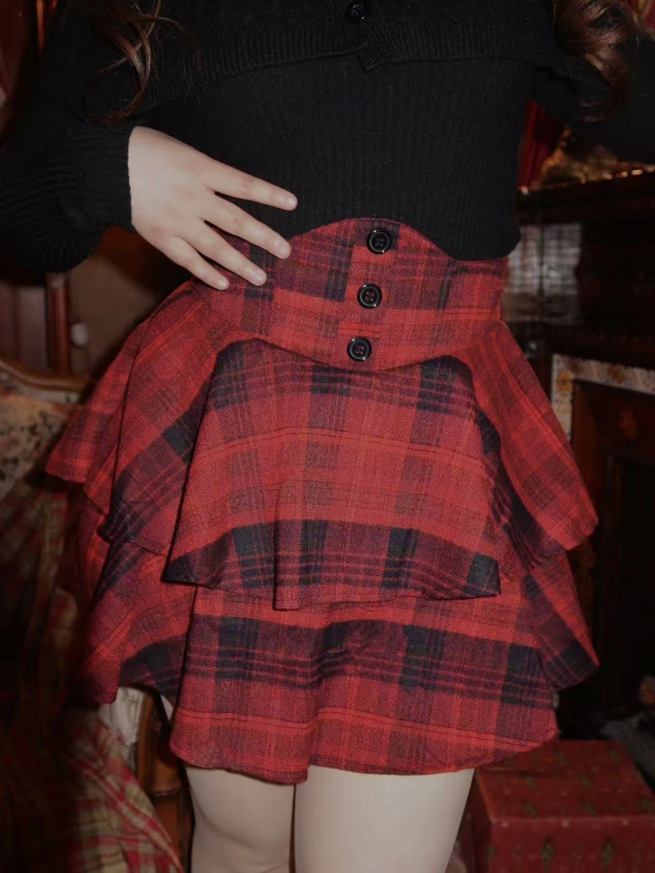 Crushpeach Twilight Red Plaid Ruffle Corset MINI Skirt