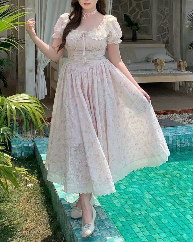 crushpeach Pink Cherry Garden Exquisite Cotton Embroidered Lace Maxi Dress