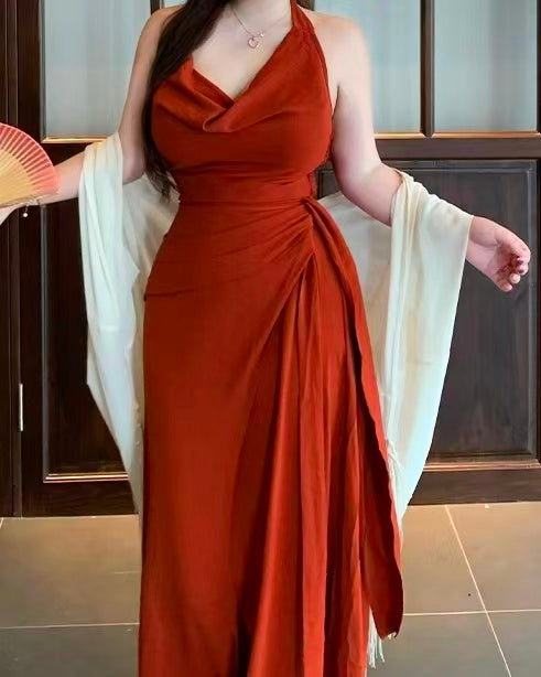 crushpeach Retro Elegance Off-Shoulder Brick Red Halter Dress/coat
