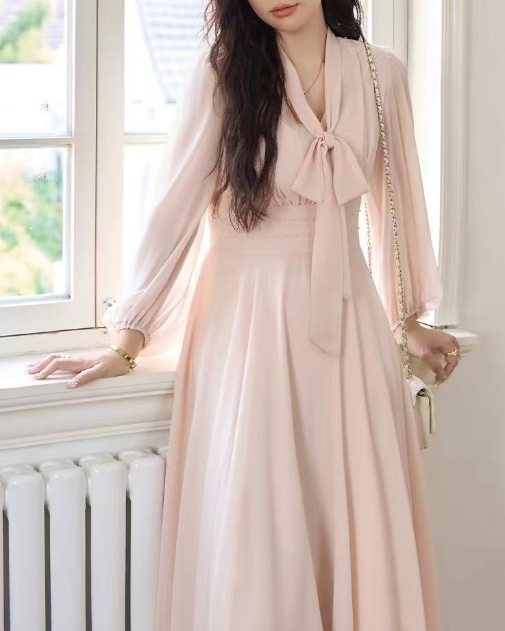 crushpeach Peach Pink Bow V-Neck A-Line Dress