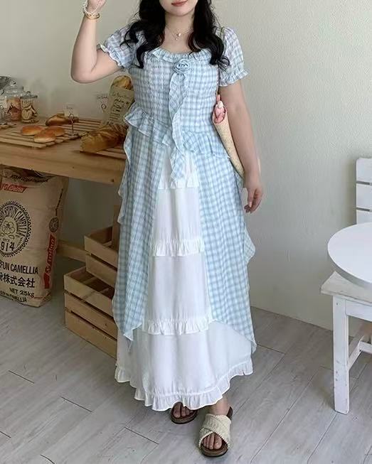 Sea Salt Cheese Blue-and-White Check Romantic Ruffled Tea Top ➕ Skirt