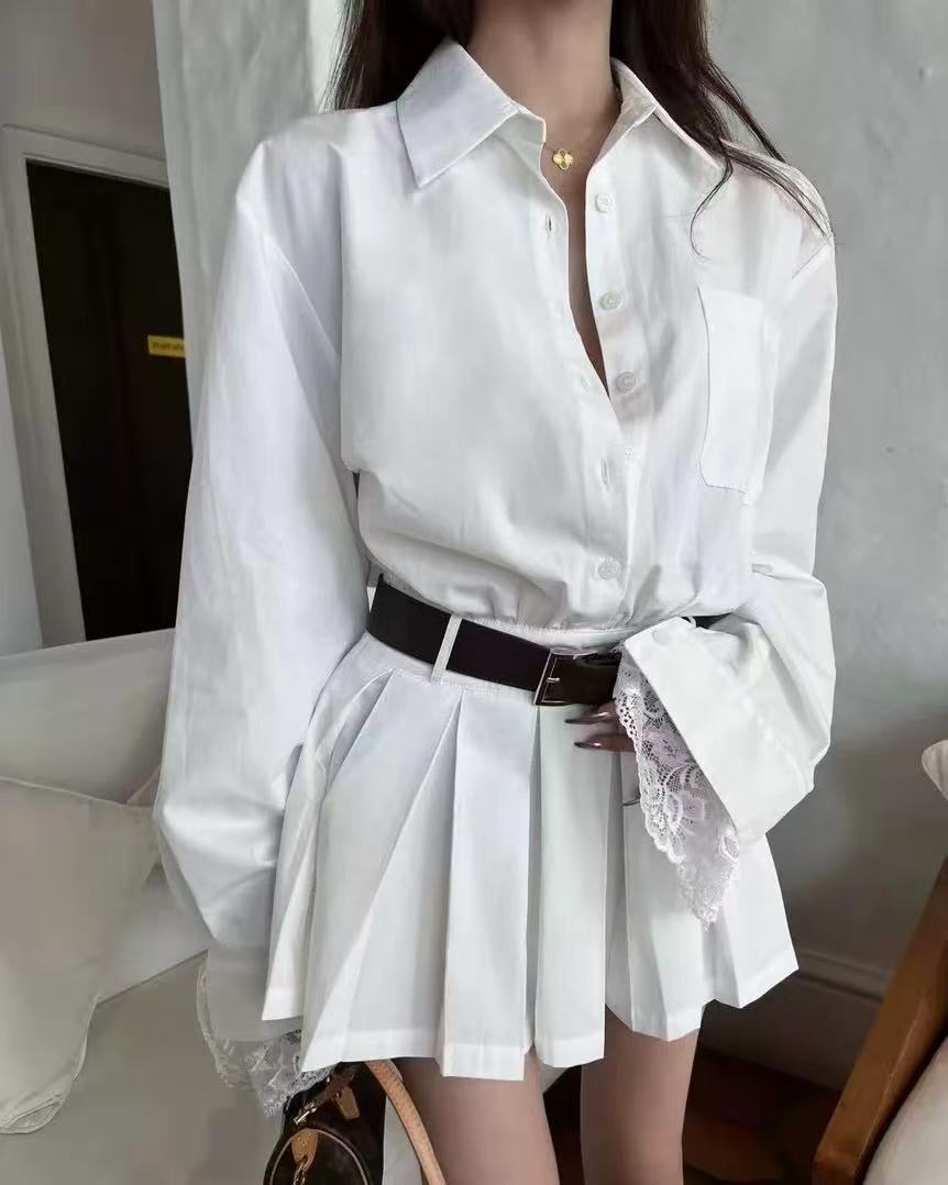 crushpeach Classic versatile WHITE shirt-style pleated mini dress-with belt