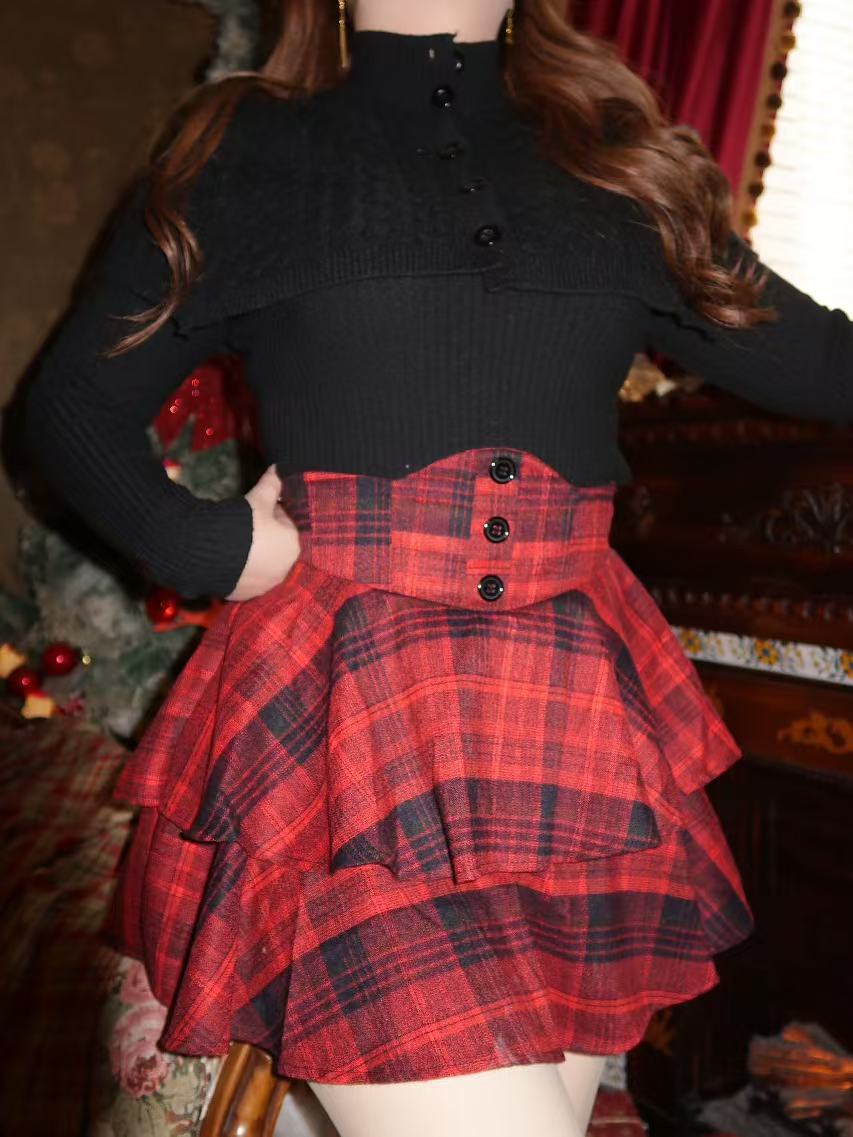 Crushpeach Twilight Red Plaid Ruffle Corset MINI Skirt