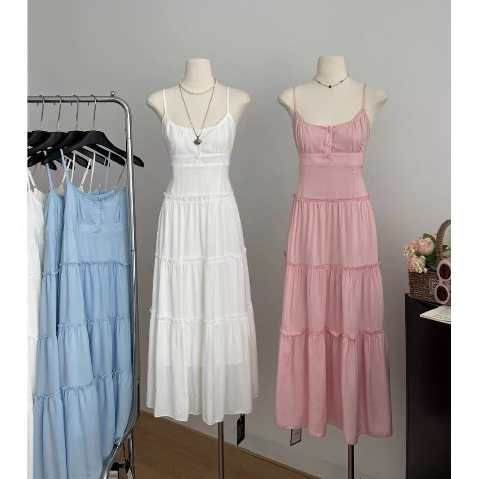 crushpeach Summer Ice Cream 3-Button Shoulder Strap Adjustable Layer Cake Dress-3 colors~3787