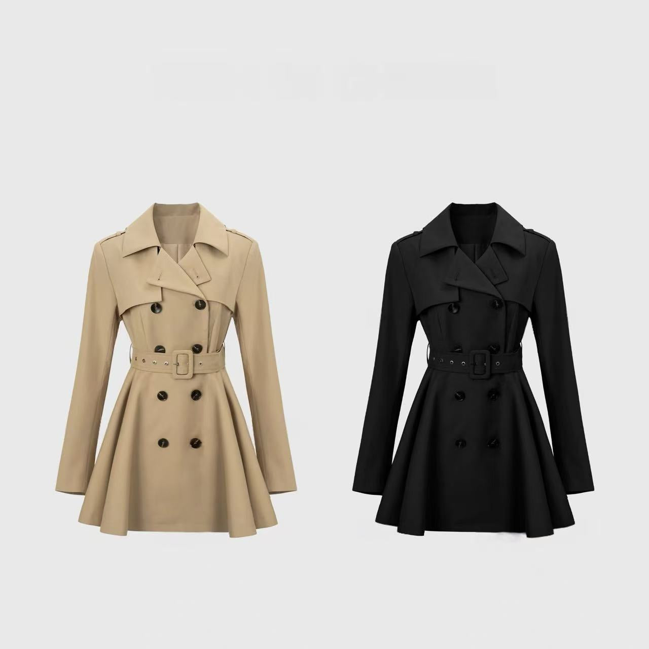 High-Quality Fitted Waist Blazer-Collar Short black Trench Coat