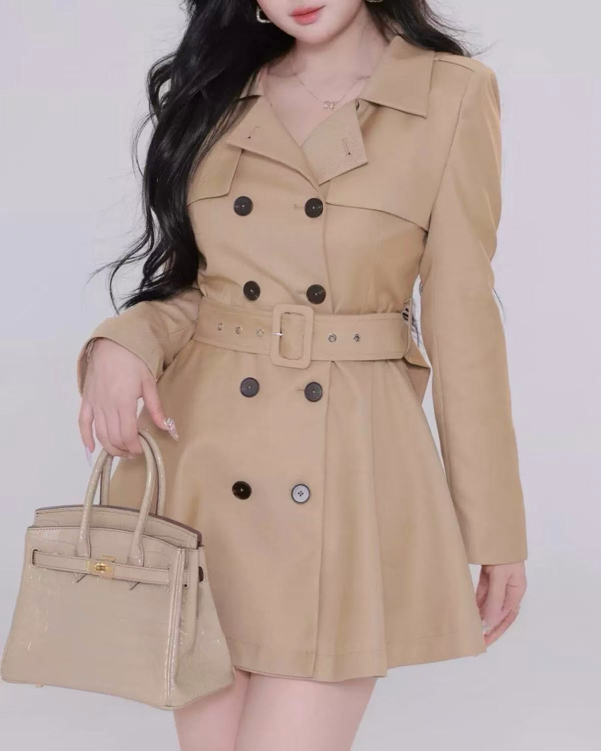 crushpeach High-Quality Fitted Waist Blazer-Collar Short brown Trench Coat