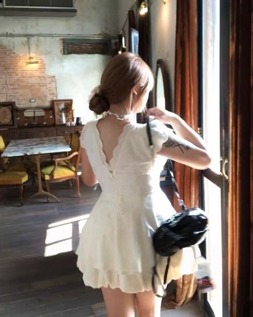 crushpeach White cotton lace puff skirt-XL