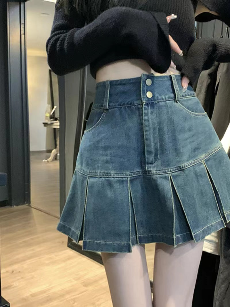 crushpeach high waist denim pleated skirt(vintage blue/black)