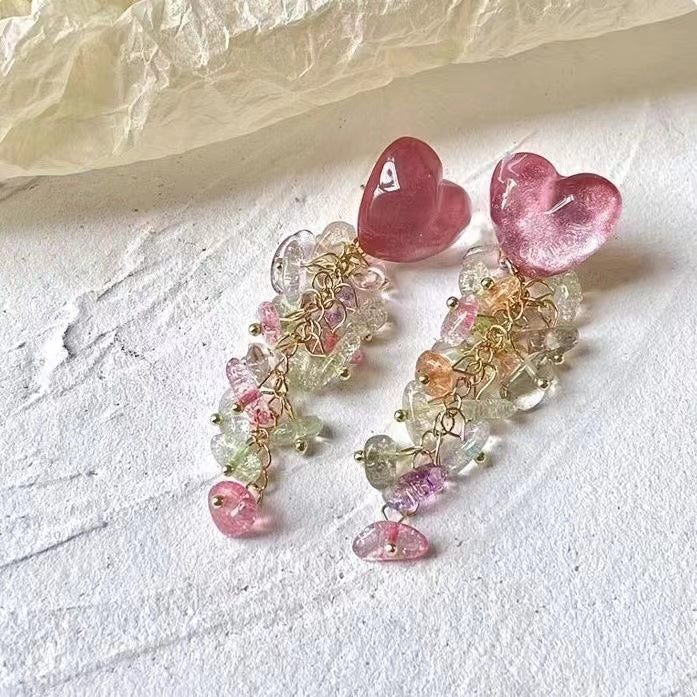 crushpeach spring heart rose quartz ear studs